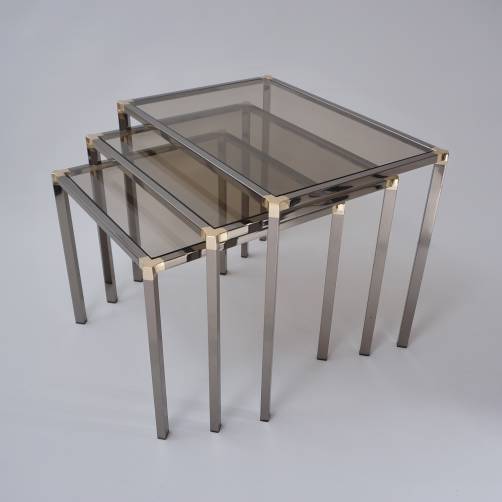 Vintage nest of tables graphite chrome, gold plated metal & glass by Kesterport for Harrods, 1980`s ca, English